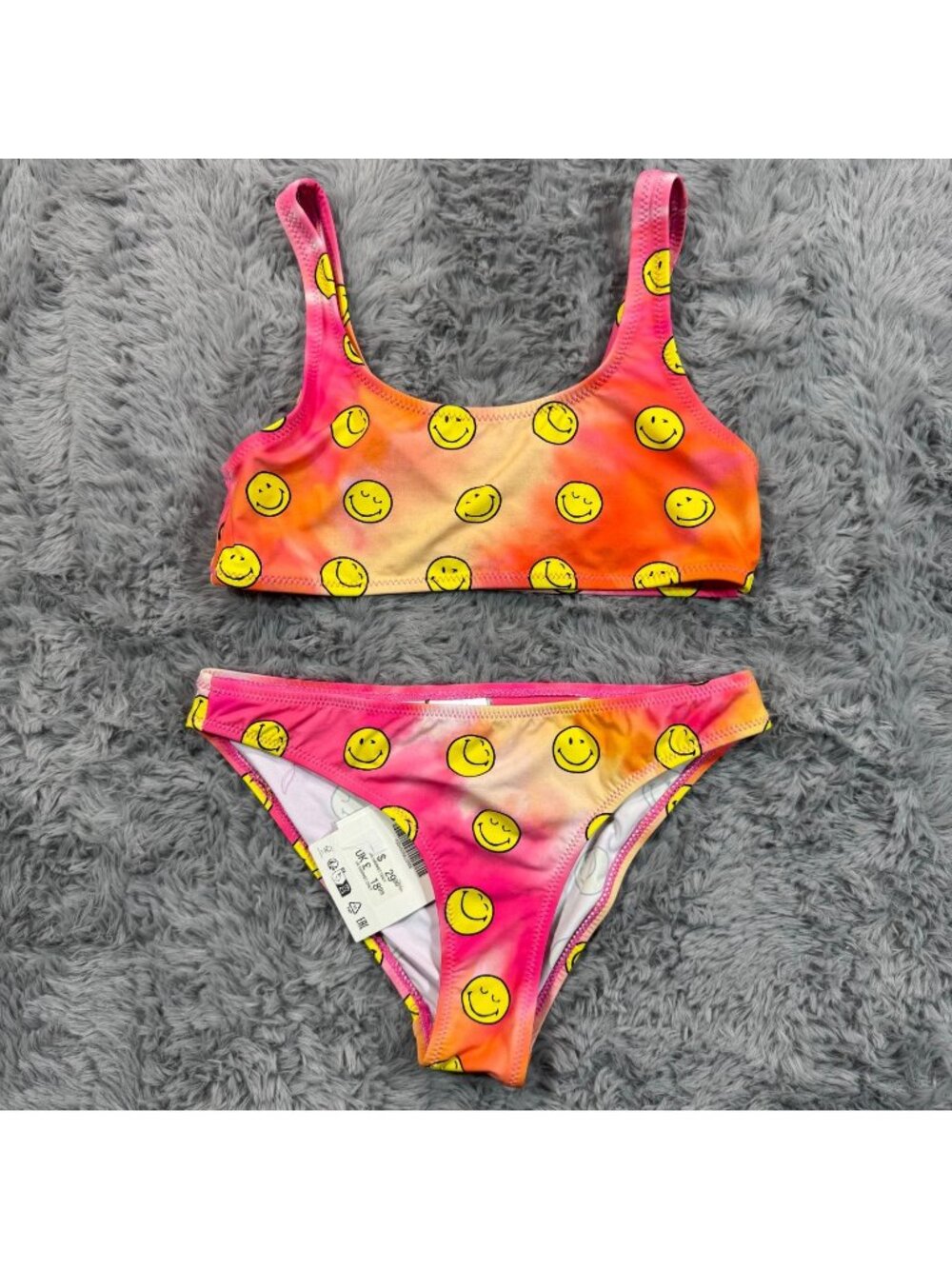Zara x Smiley World Swimsuit Girls 10 Pink Tie-Dye Polyamide Bikini Set Stretch